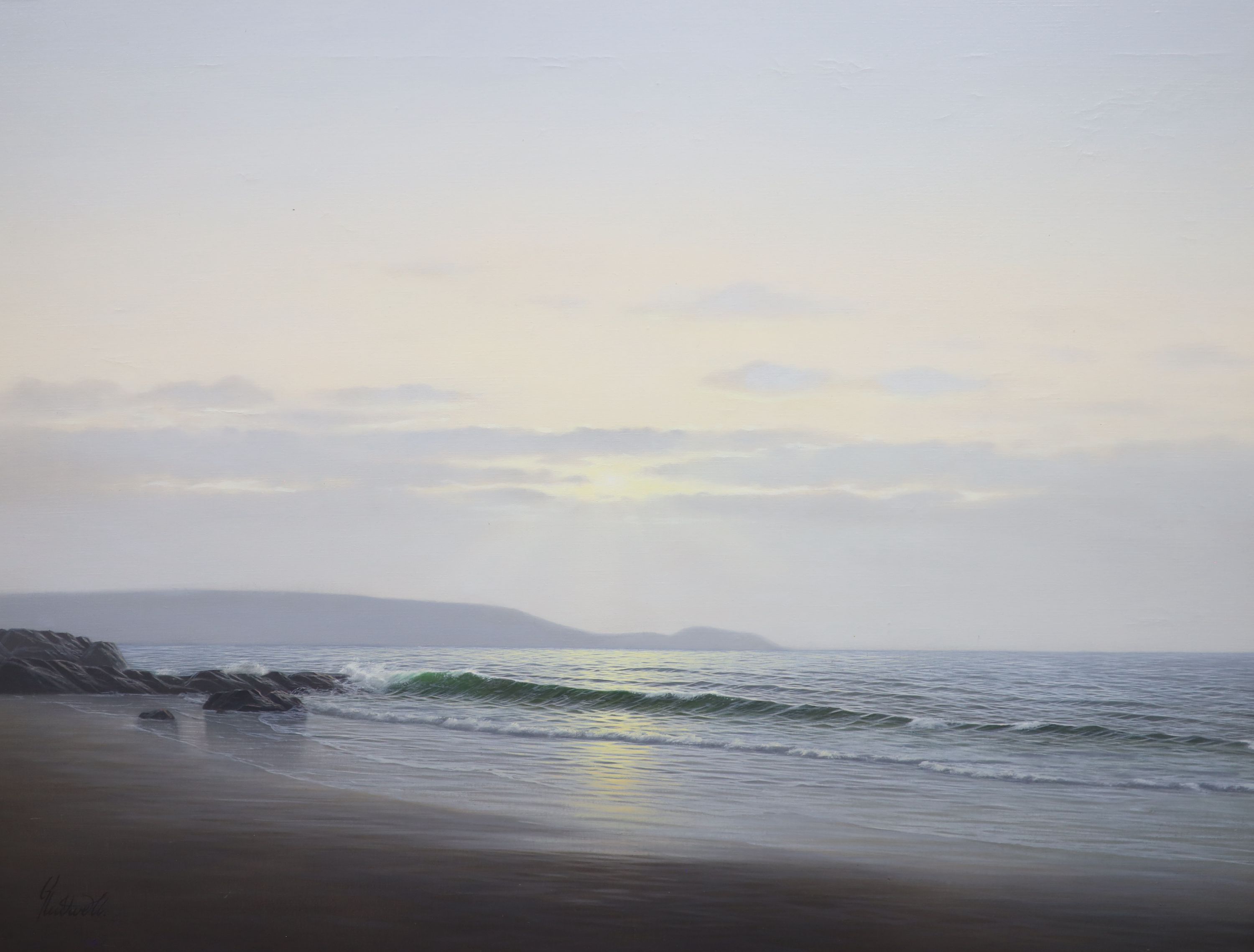 Guy Gladwell (1946-2014), oil on canvas, 'The Setting Sun', signed, Stacey Marks label verso, 60 x 18cm